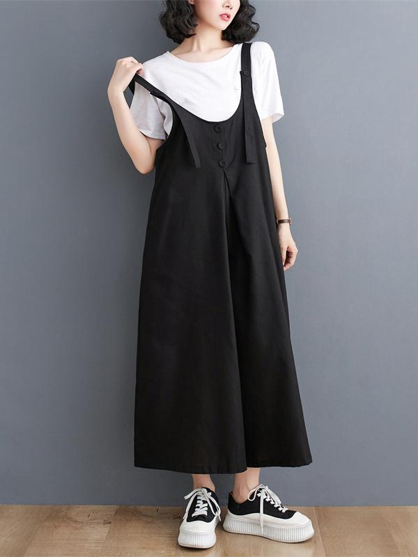 Ninth Pants Wide Leg Buttoned Solid Color Spaghetti-Neck Overalls Product Image