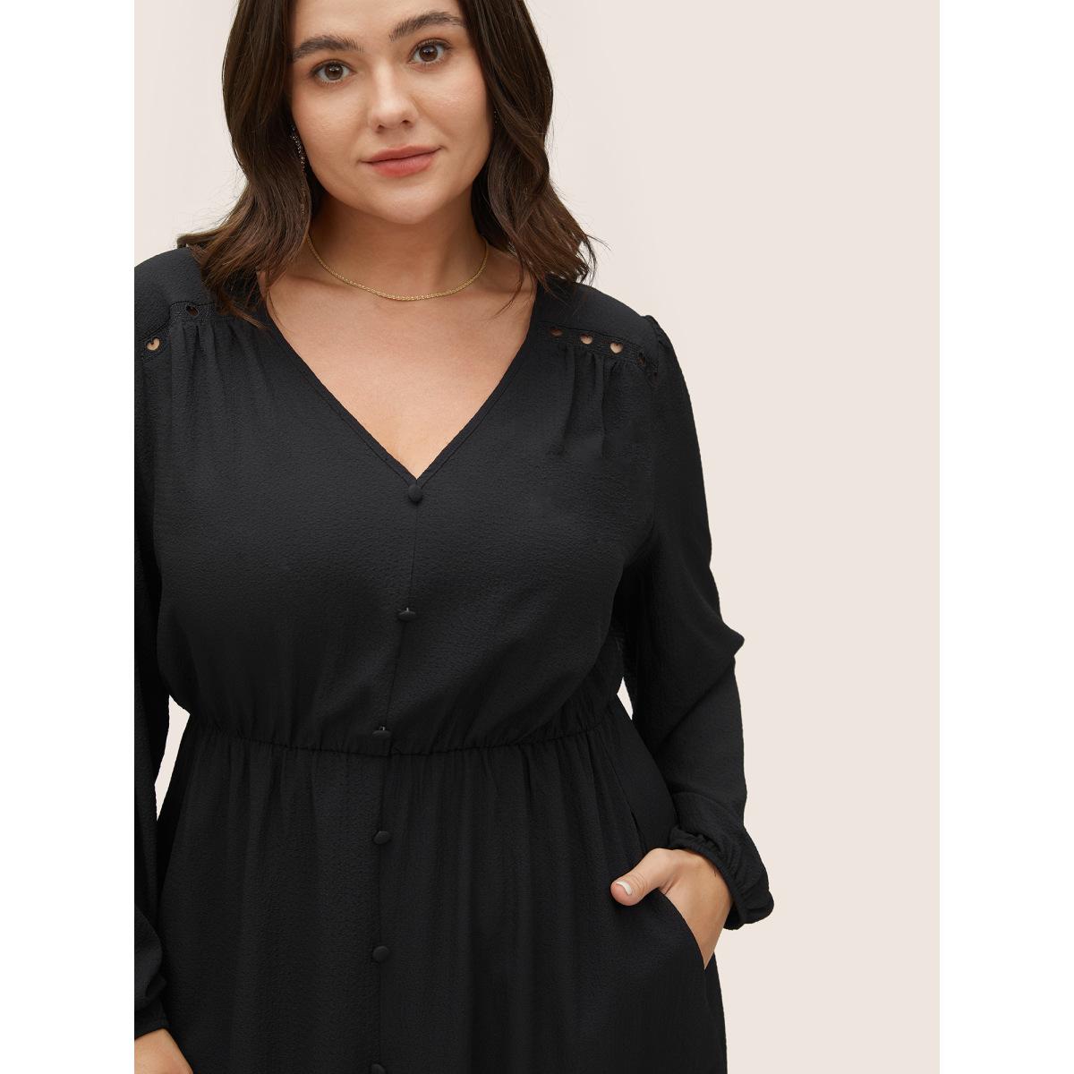 Plus Size Hollow Out Lantern Sleeve Flutter Layered Hem Dress Black Women At the Office Non V-neck Long Sleeve Curvy Midi Dress BloomChic 10/M Product Image
