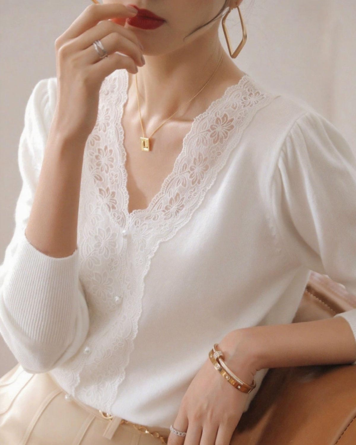 White V Neck Pearl Button Sweater Product Image