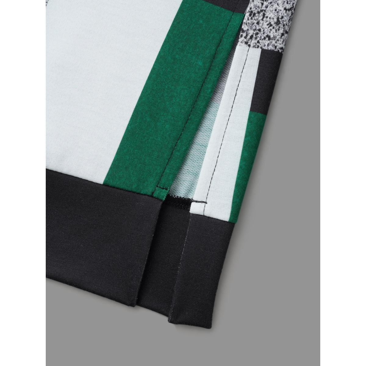 Plus Size Asymmetrical Colorblock Contrast Slit Hem Sweatshirt Women DarkGreen Casual Contrast Loose Round Neck Everyday Sweatshirts BloomChic 30/6X Product Image