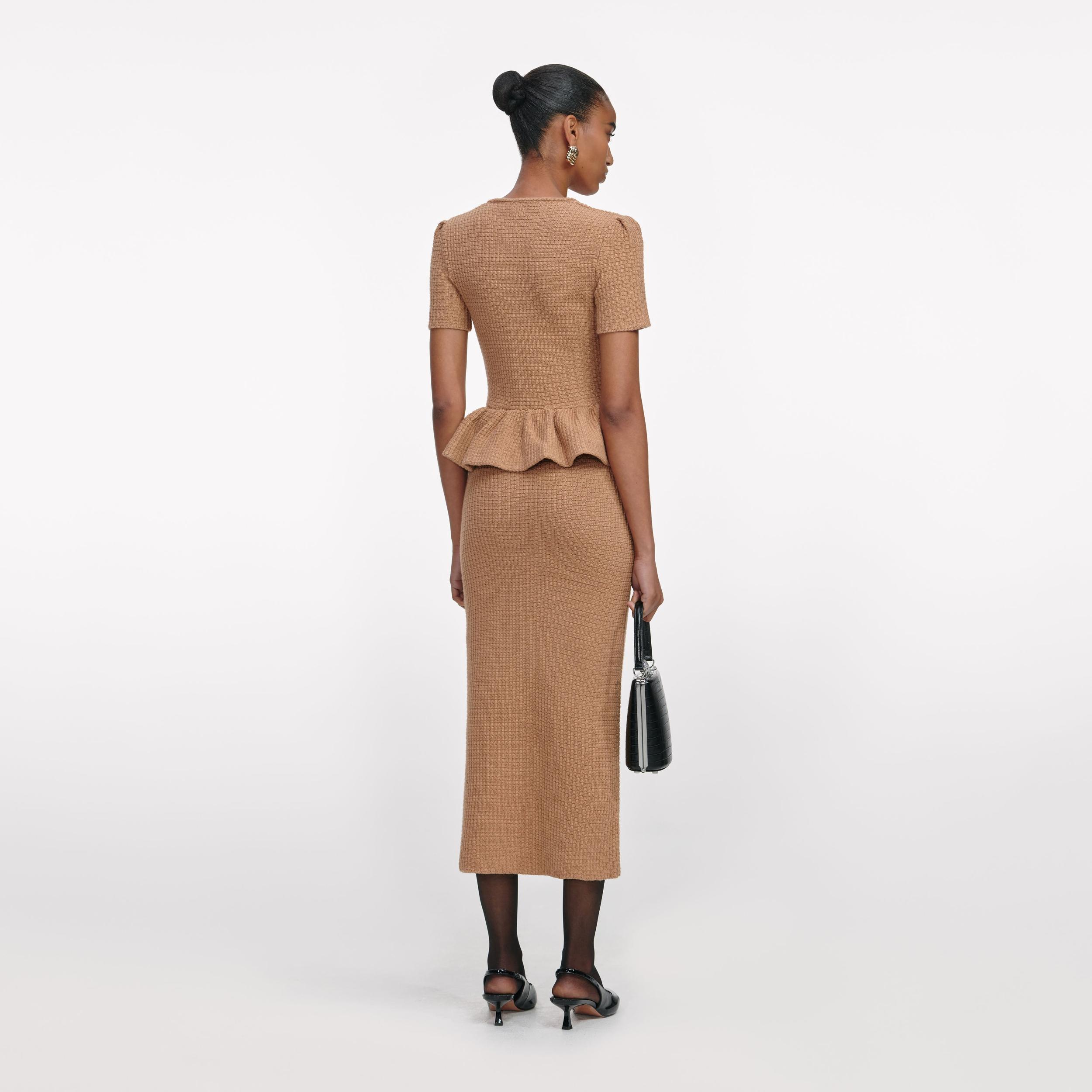 Camel Peplum Knit Midi Dress Product Image