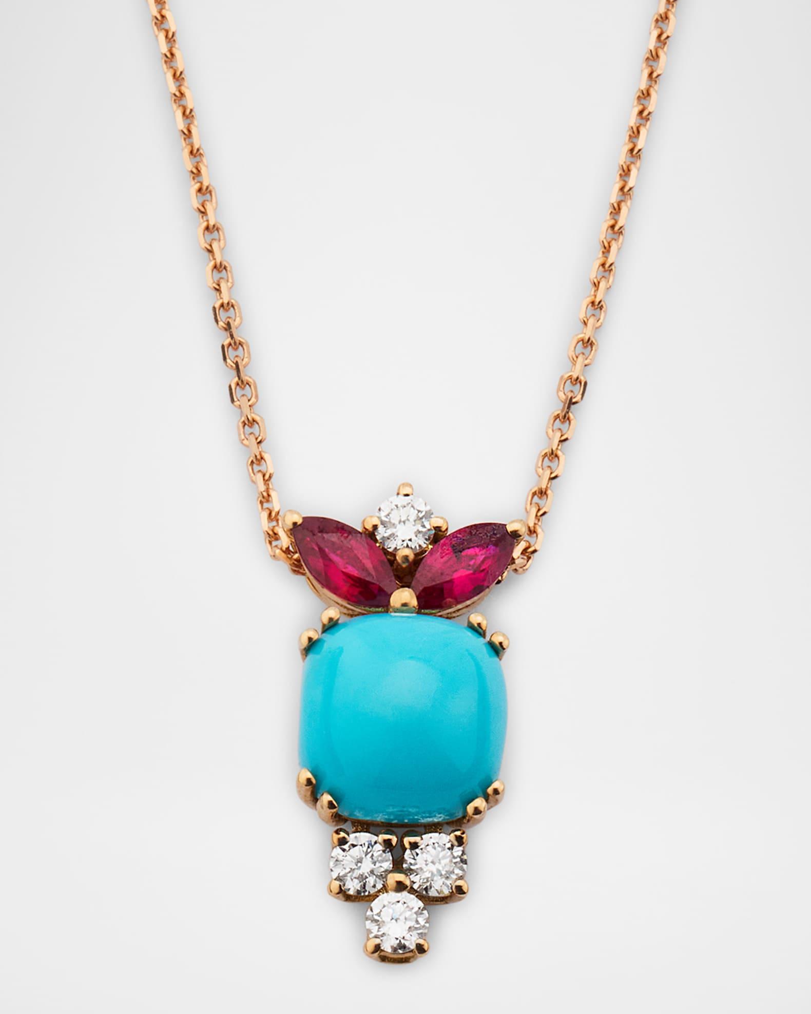 18K Rose Gold Diamond, Turquoise and Ruby Pendant Necklace Product Image