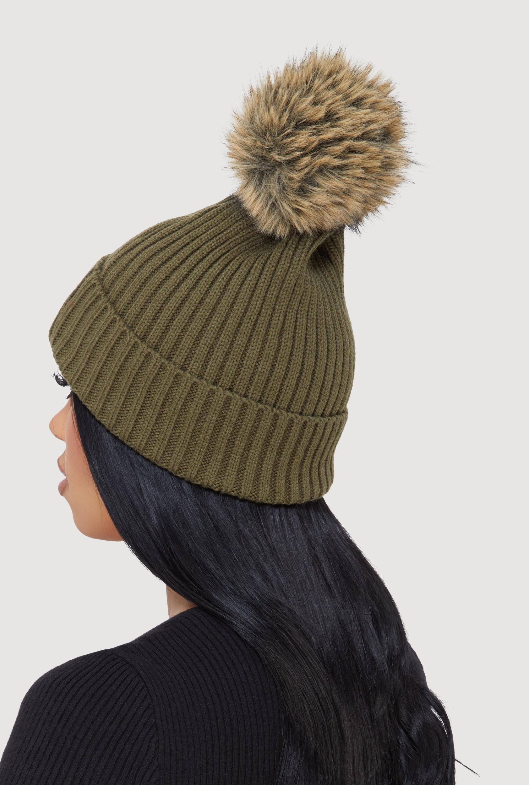 Trendy Faux Fur Pom Pom Detail Ribbed Knit Beanie Female Product Image