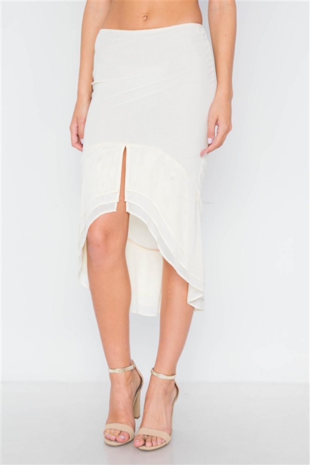 Cream Front Slit Flounce Hem Midi Skirt Product Image