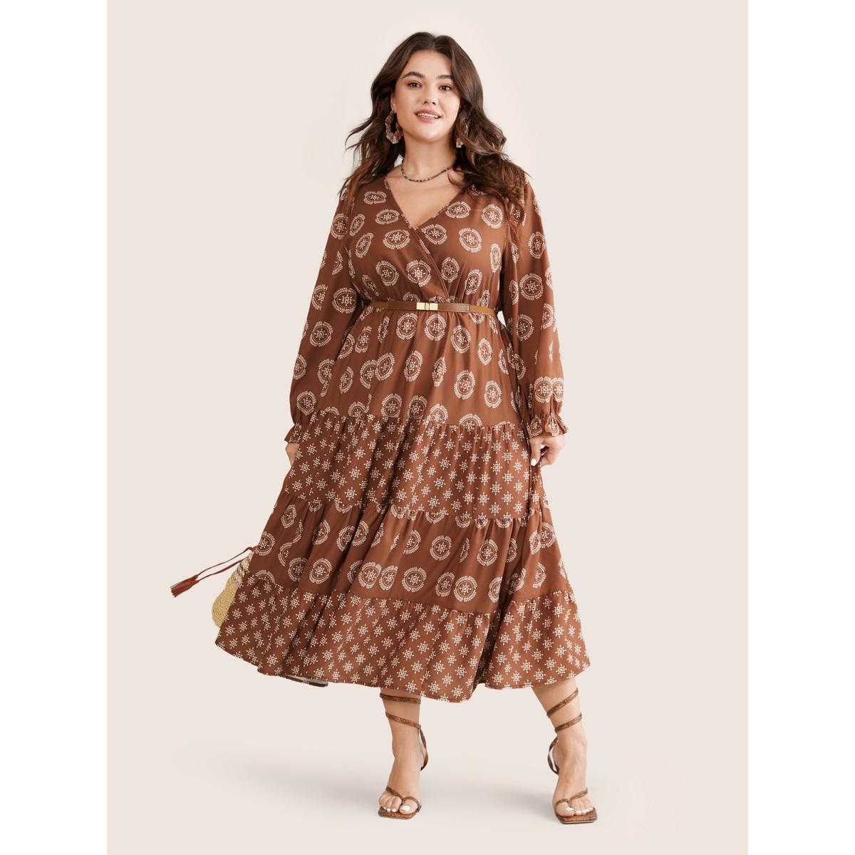 Plus Size Geometric Wrap Ruffle Layered Hem Dress Chocolate Women Vacation Wrap Overlap Collar Long Sleeve Curvy Midi Dress BloomChic 18-20/2X Product Image