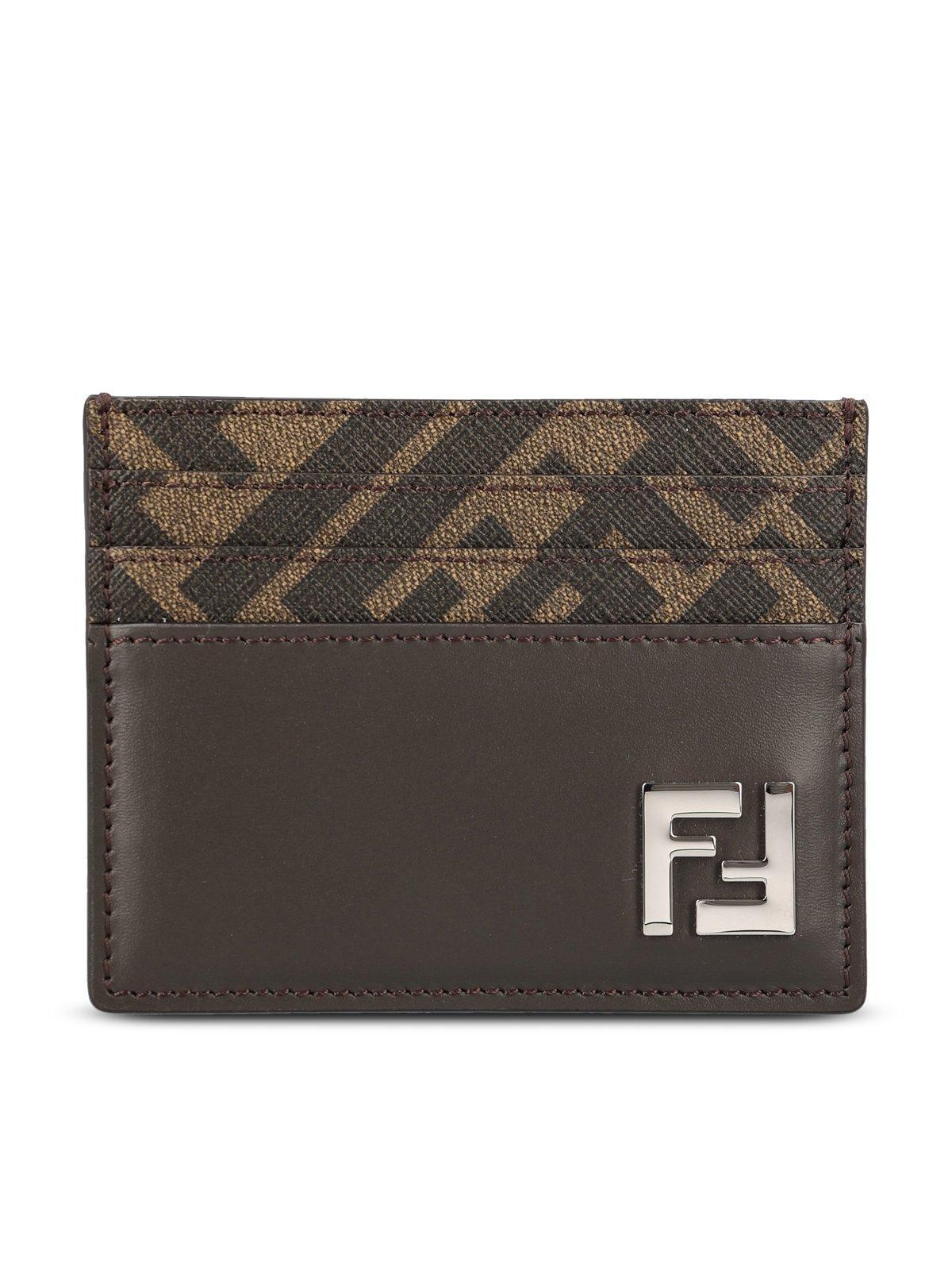 FENDI Brown Card-holder With Squared Ff Motif In Leather And Ff Canvas Man In Ebony Product Image