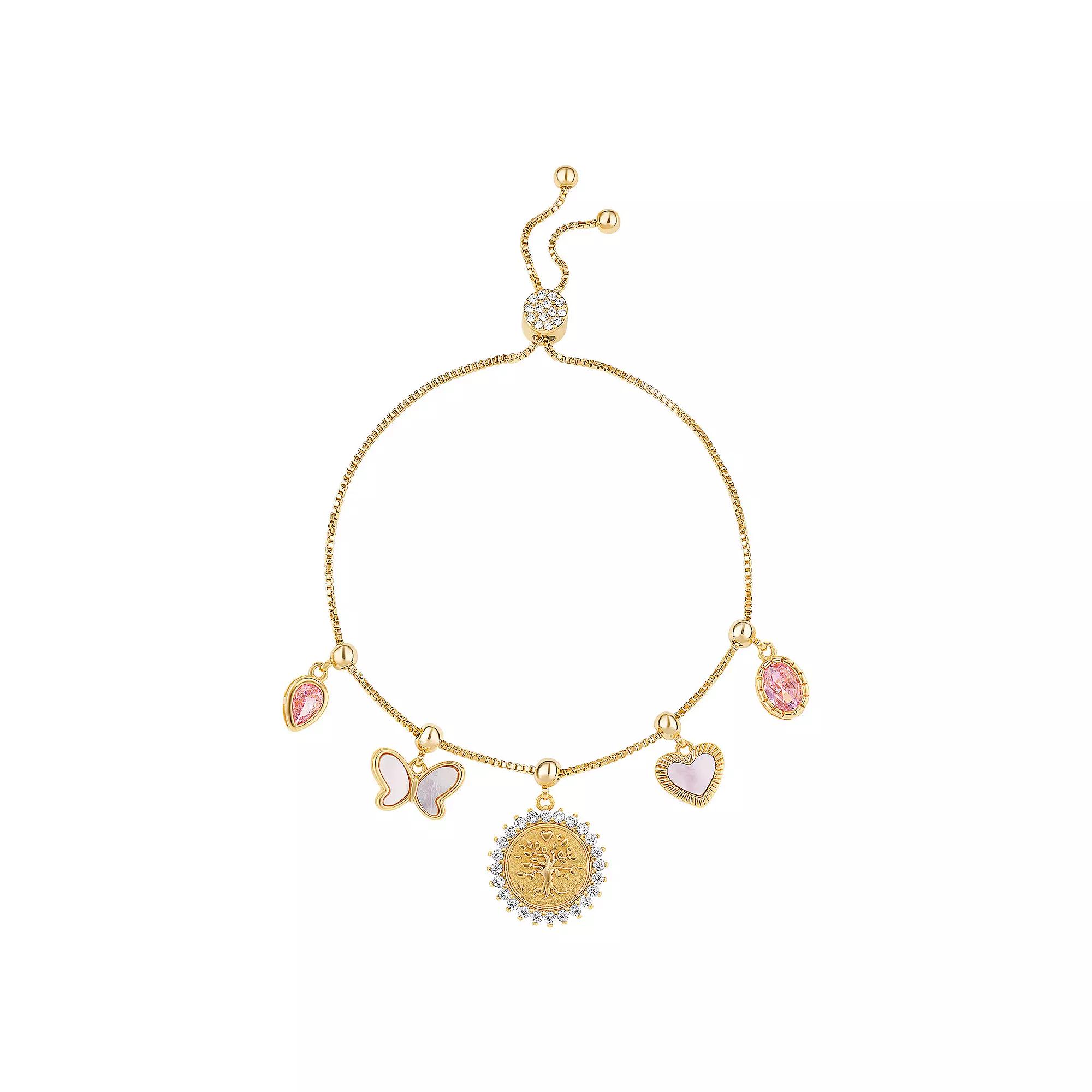 Brilliance 18k Gold Flash Plated Cubic Zirconia & Mother Of Pearl Teardrop, Butterfly, Family Tree Disc, Heart & Oval Charm Adjustable Slider Bracelet, Women's, Gold Tone Teamcolor Product Image