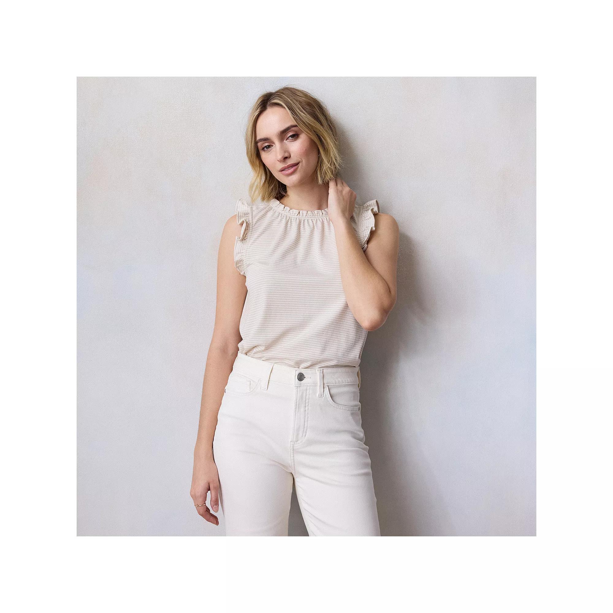 Petite LC Lauren Conrad Ruffle Sleeve Crewneck Top, Women's, Size: Large Petite, Green Amalfi Stripe Product Image