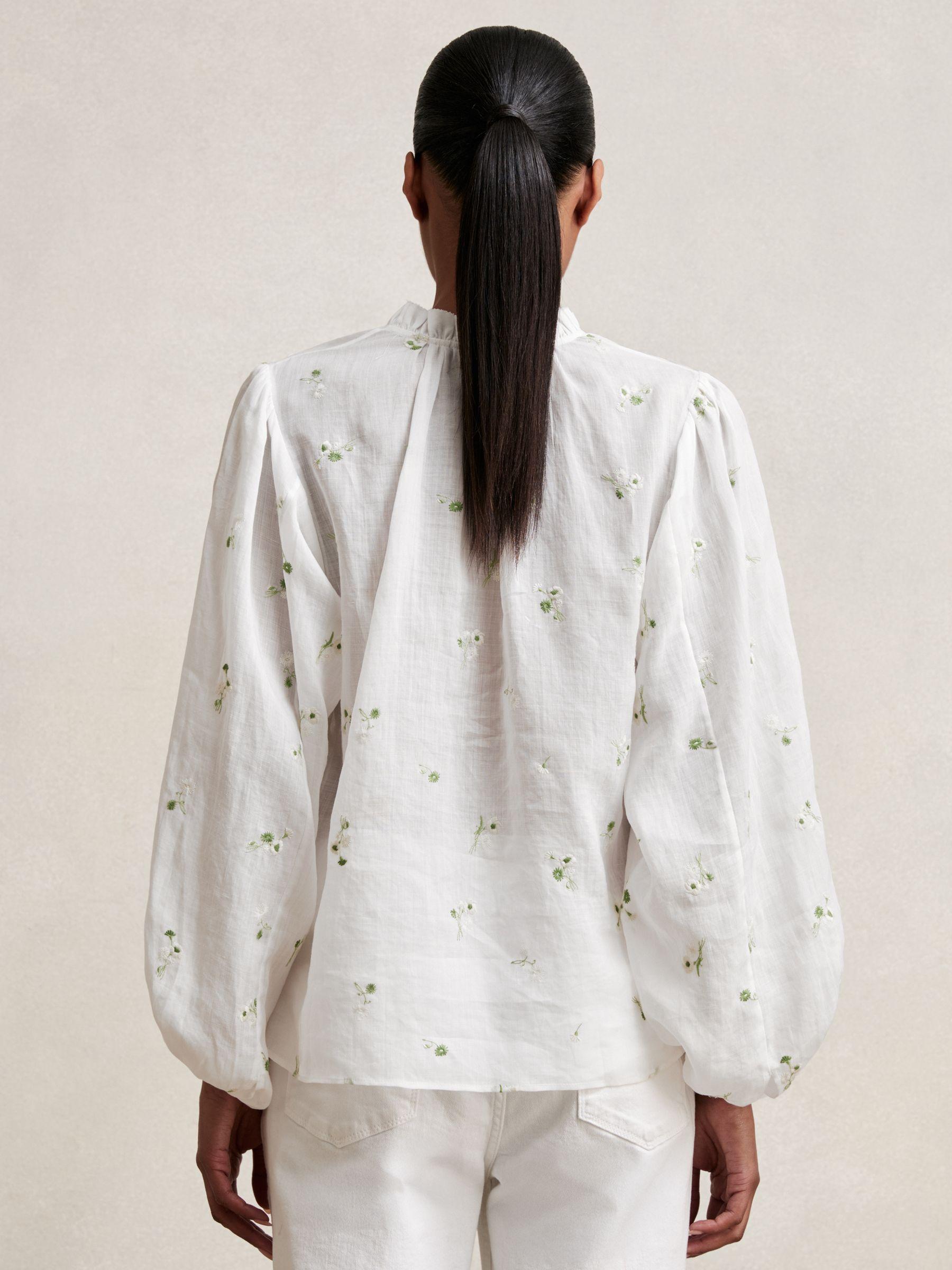 Floral-Embroidered Tie-Neck Blouse Ramie-Lyocell in Ivory Product Image