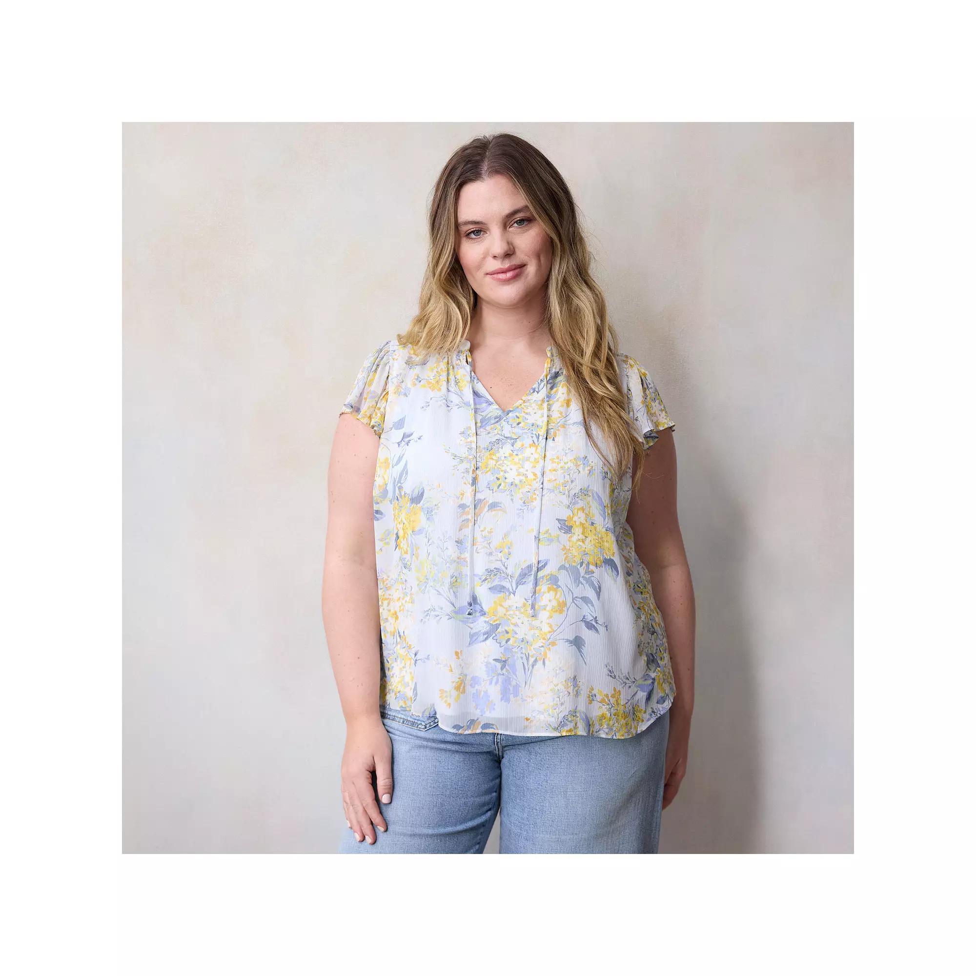 Plus Size LC Lauren Conrad Tie Front Ruffled V-Neck Shell, Women's, Size: 2XL, Blue Florabelles Product Image