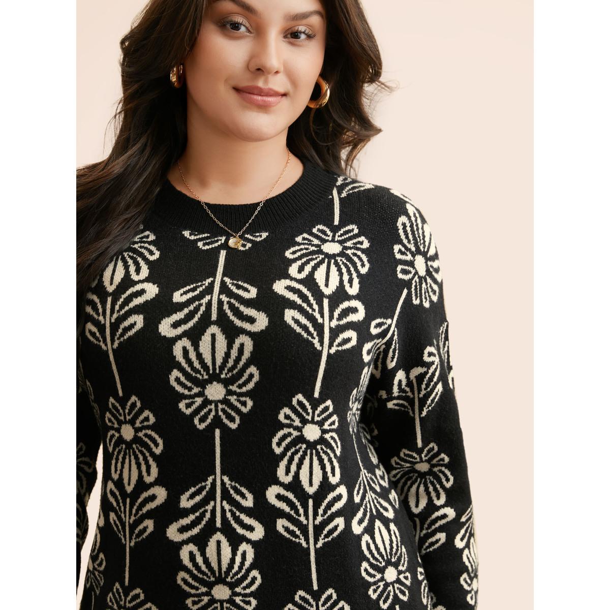 Plus Size Supersoft Essentials Floral Crew Neck Pullover Black Women Casual Long Sleeve Round Neck Everyday Pullovers BloomChic 14-16/1X Product Image