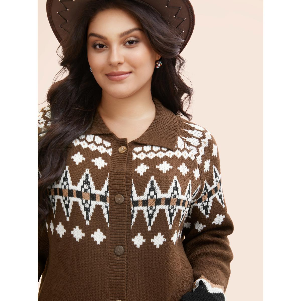 Plus Size Fair Isle Collared Button Down Cardigan DarkBrown Women Casual Loose Long Sleeve Everyday Cardigans BloomChic 18-20/2X Product Image