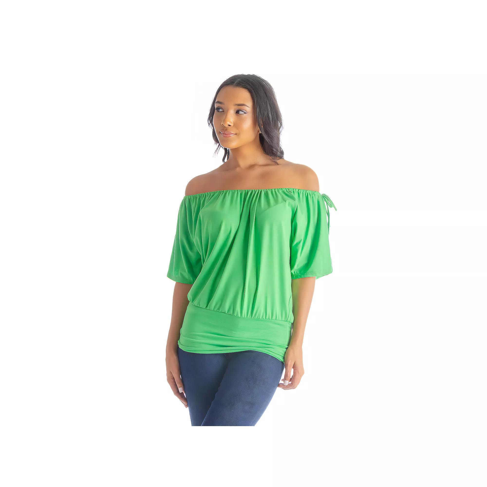 Women's 24Seven Comfort Apparel Solid Short Sleeve Split Shoulder Top,  Product Image