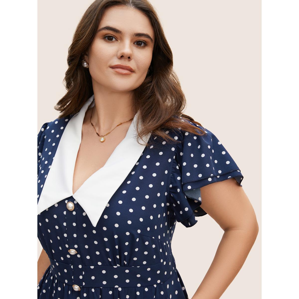Plus Size Polka Dot Ruffle Cap Sleeve Button Detail Dress Navy Women Elegant Gathered V-neck Cap Sleeve Curvy BloomChic 28/5X Product Image