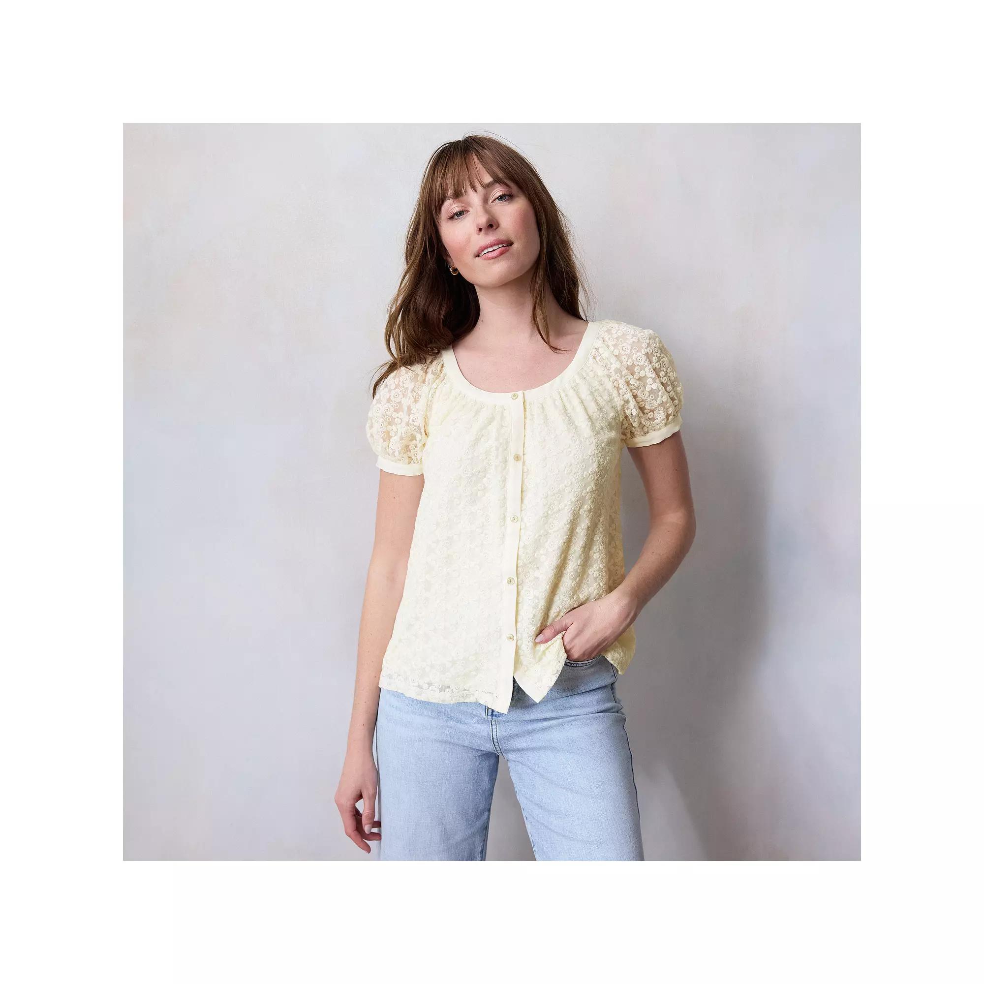 Women's LC Lauren Conrad Puff Sleeve Lace Blouse, Size: Small, Ivory Silk Product Image