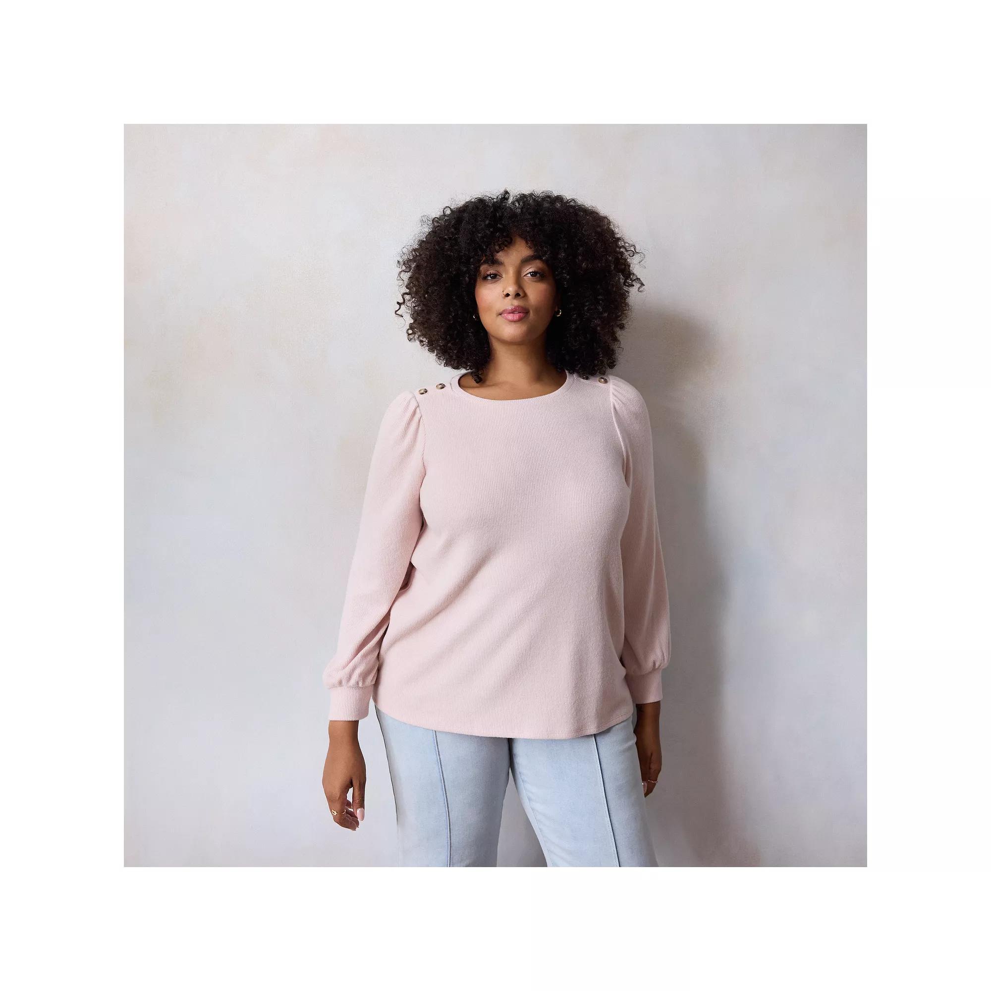 Plus Size LC Lauren Conrad High Cuff Crewneck Top, Women's, Size: 3XL, Pink Whipe Product Image