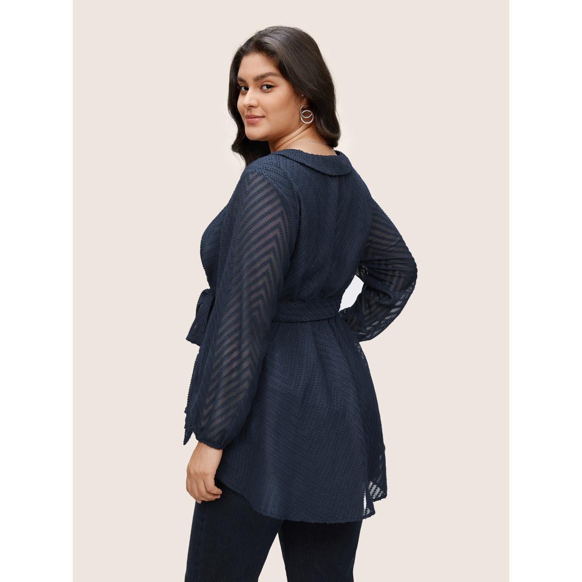 Plus Size Indigo Plain Textured High Low Hem Ties Blouse Women Office Long Sleeve Overlap Collar Office Blouses BloomChic 12/L Product Image