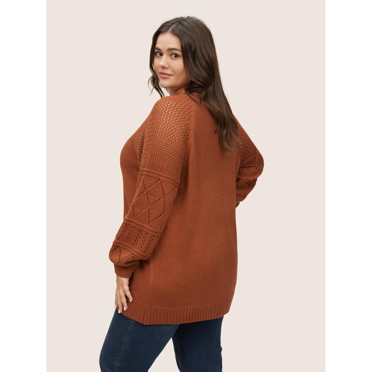 Plus Size Geometric Hollow Out Raglan Sleeve Pullover Chocolate Women Casual Long Sleeve V-neck Everyday Pullovers BloomChic 30/6X Product Image