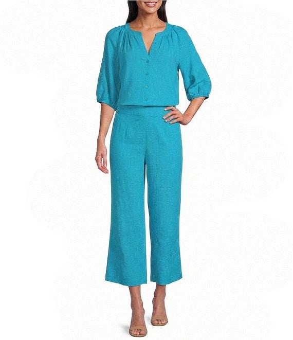 Investments Palm Tree Embroidery Pull-On Wide Leg Crop Coordinating Pants Product Image
