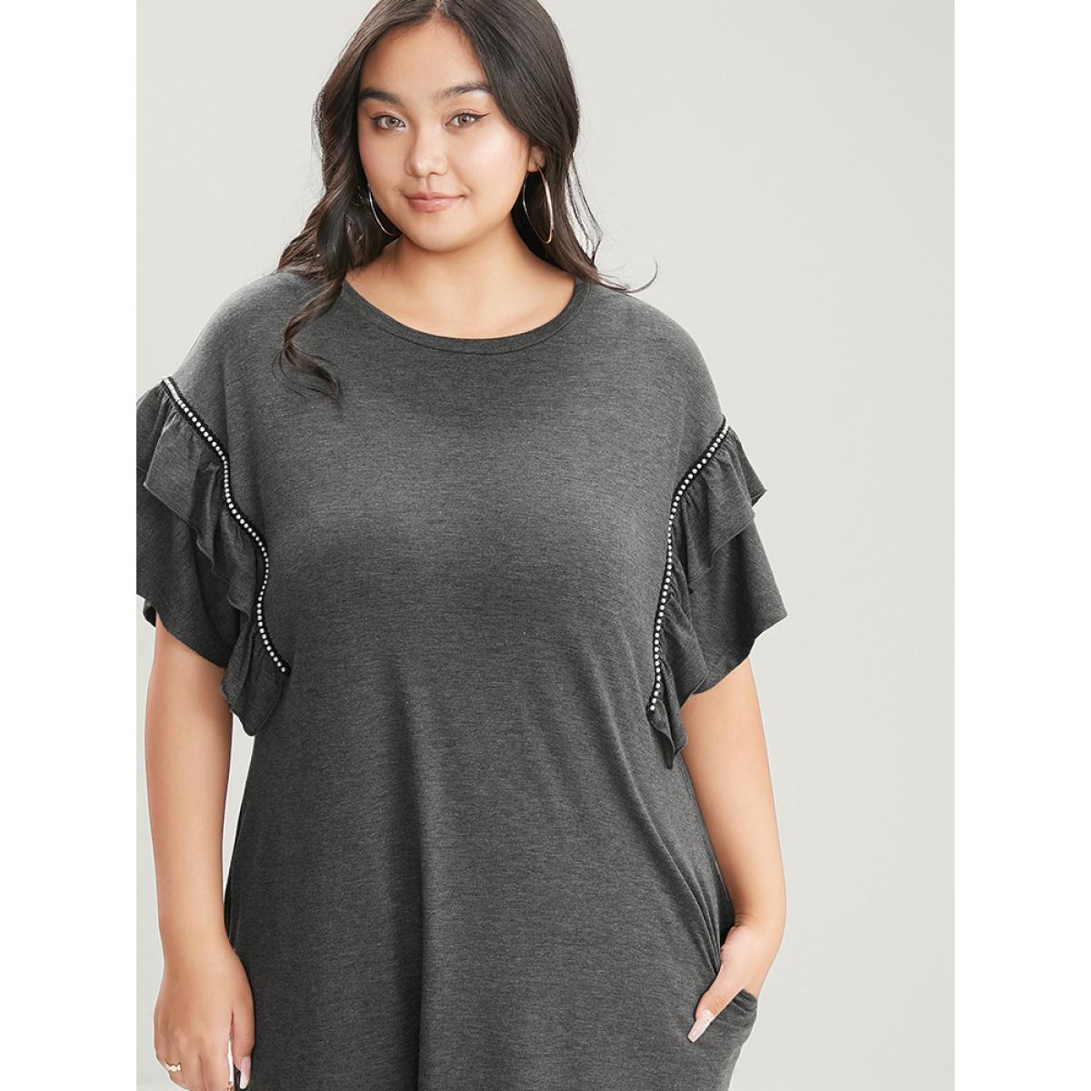 Plus Size Solid Round Neck Pocket Beaded Webbing Ruffle Trim Dress DimGray Women Casual Gathered Round Neck Short sleeve Curvy Midi Dress BloomChic 14-16/1X Product Image