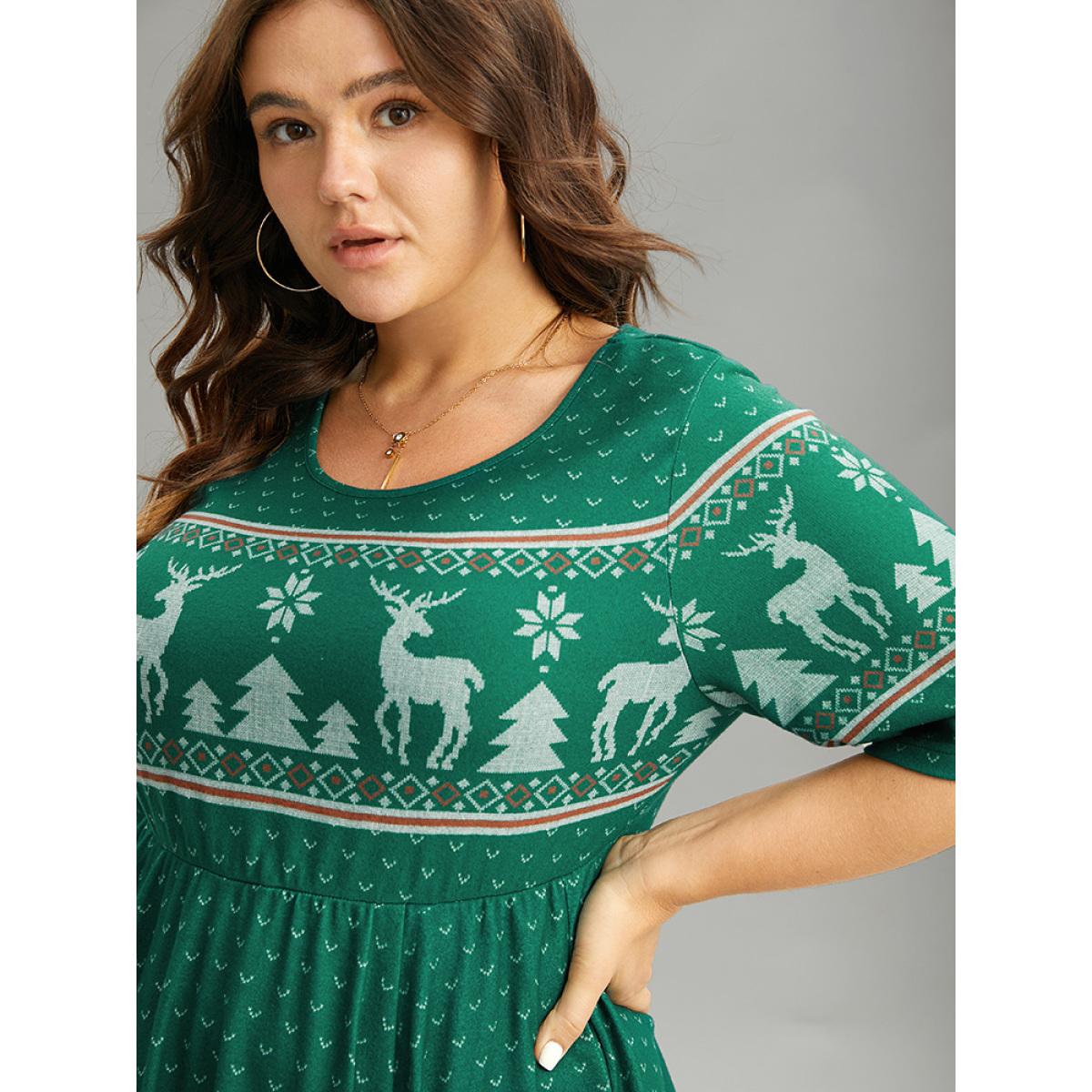 Plus Size Christmas Elk Elastic Waist Hanky Hem Dress Cyan Women Casual Printed Round Neck Half Sleeve Curvy Midi Dress BloomChic 22-24/3X Product Image
