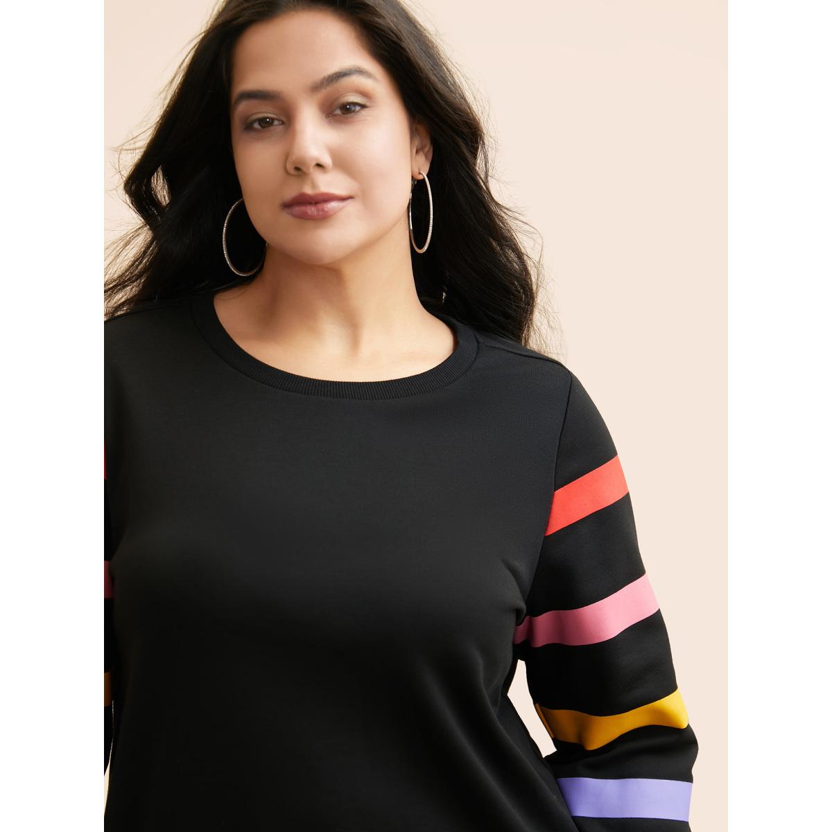 Plus Size Colored Striped Patchwork Slightly Stretchy Sweatshirt Women Black Casual Contrast Non Everyday Sweatshirts BloomChic 26/4X Product Image