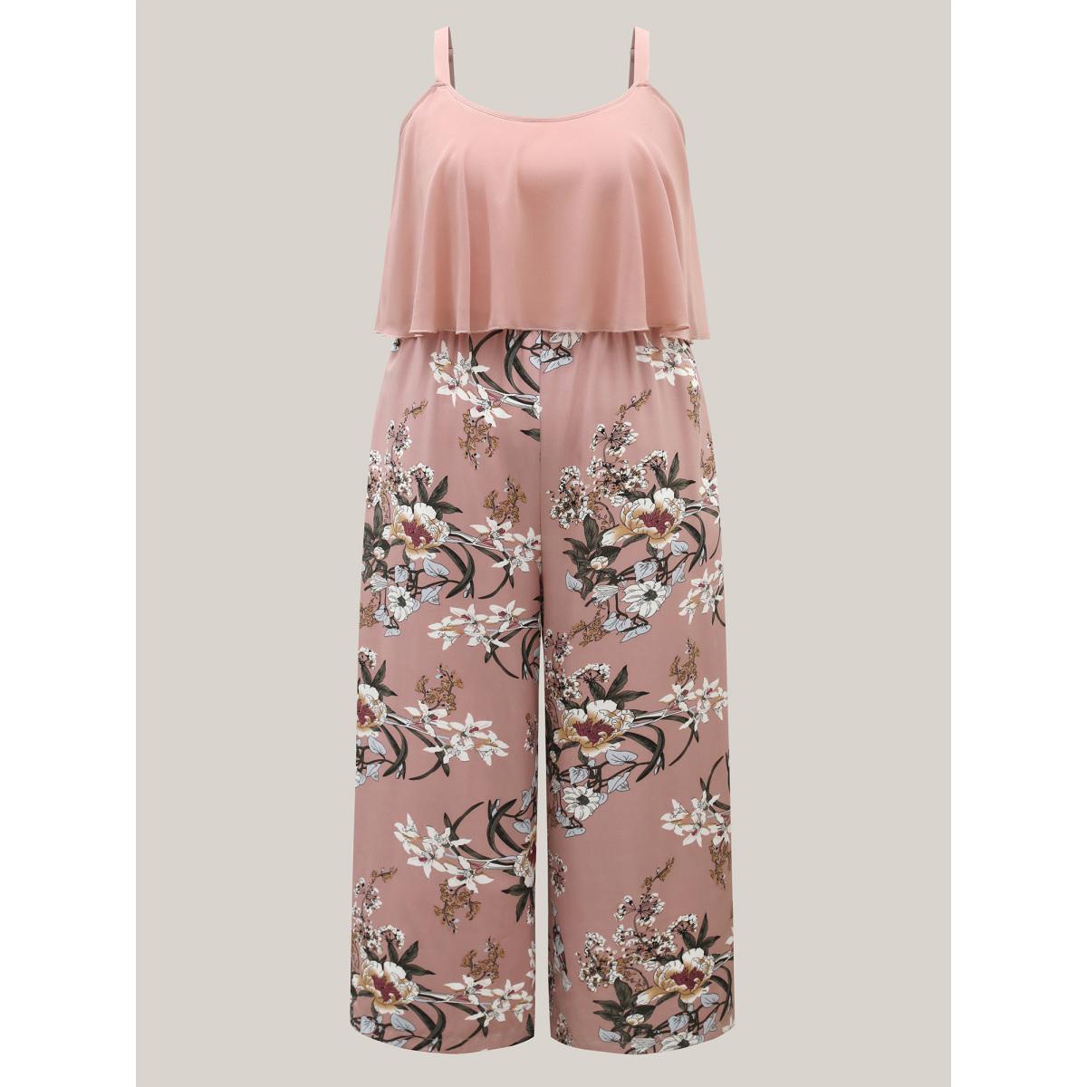 Plus Size DustyPink Large Flower Print Spliced Wide-Leg Jumpsuit Women Timeless Sleeveless U-neck Elegant Loose Jumpsuits BloomChic 12/L Product Image