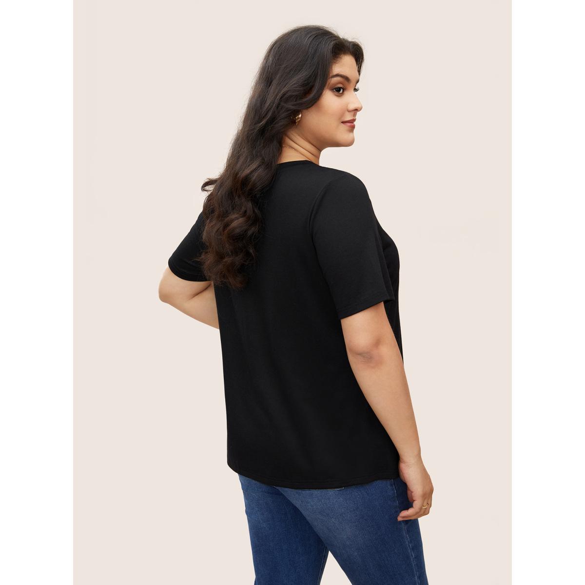 Plus Size Floral Embroidered Round Neck T-shirt Black Women Elegant Embroidered Round Neck Everyday T-shirts BloomChic 18-20/2X Product Image
