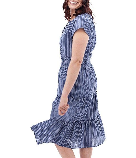 Aventura Colmar Stripe Organic Cotton Dobby Woven Split V-Neck Smocked Waist TIered Midi Dress Product Image