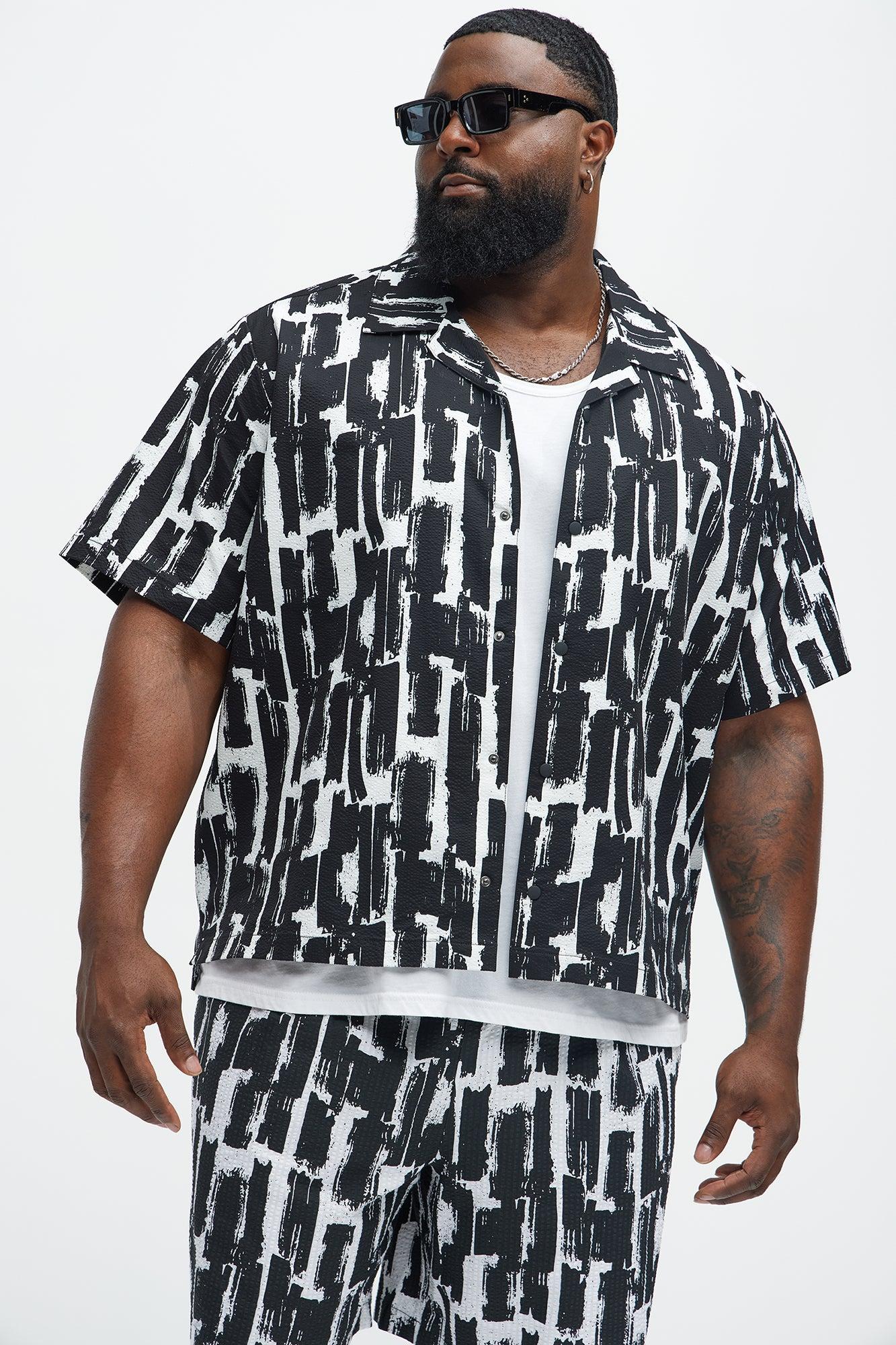 Seersucker Printed Short Sleeve Cuban Collar Shirt - Black/combo Product Image