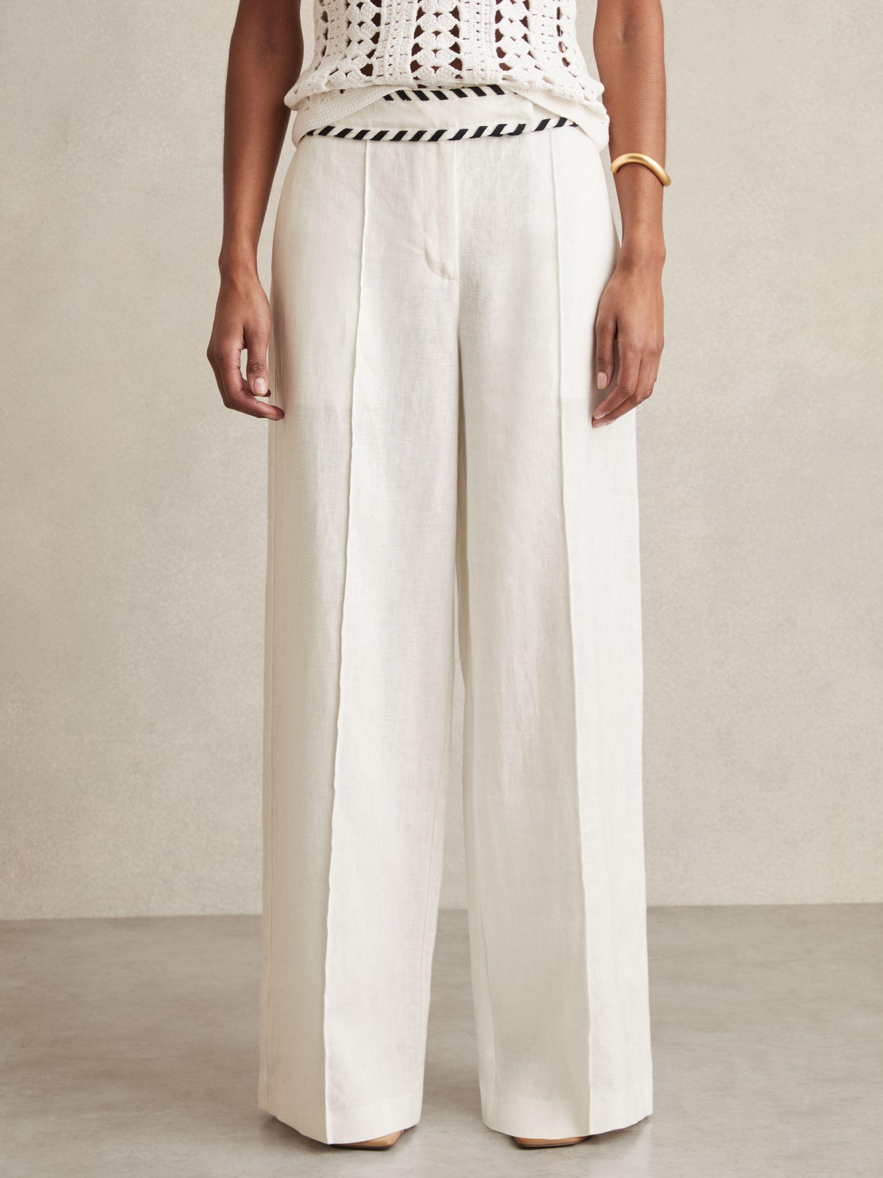 Linen Wide-Leg Whipstitch Trousers in White Product Image
