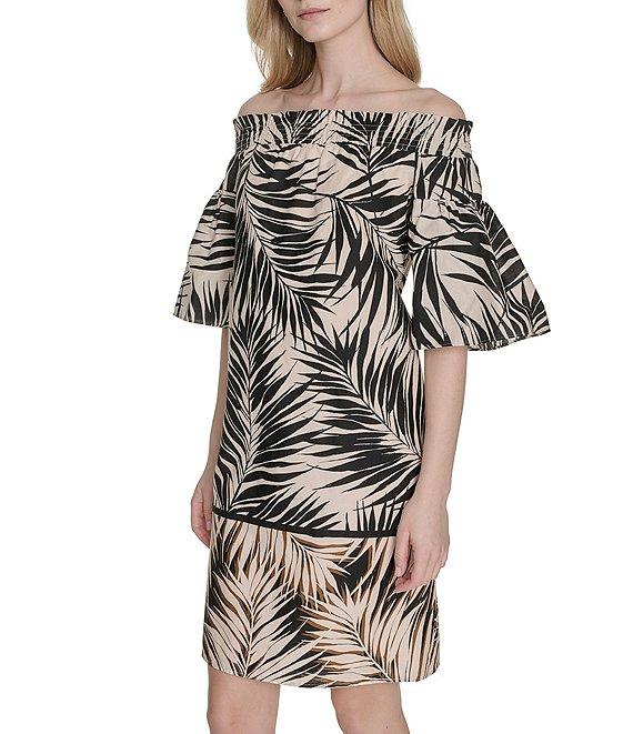 Vince Camuto Leaf Printed Poplin Off-The-Shoulder Short Sleeve Shift Dress Product Image