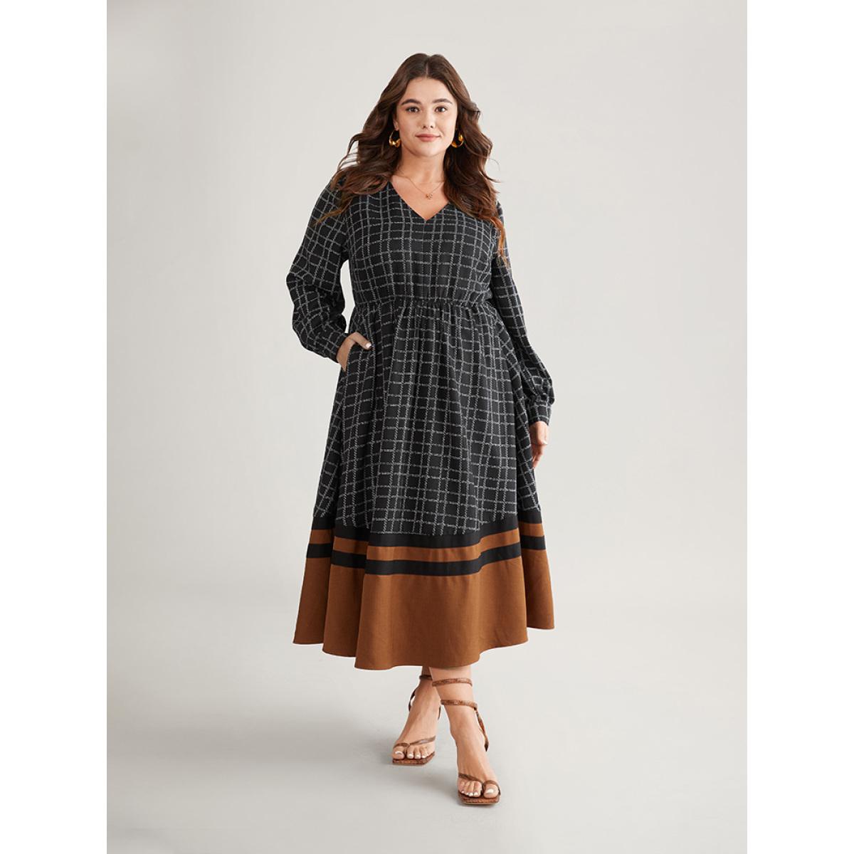 Plus Size Gingham Gingham Patchwork Pocket Gathered Dress Black Women Office Contrast V-neck Long Sleeve Curvy Midi Dress BloomChic 14-16/1X Product Image