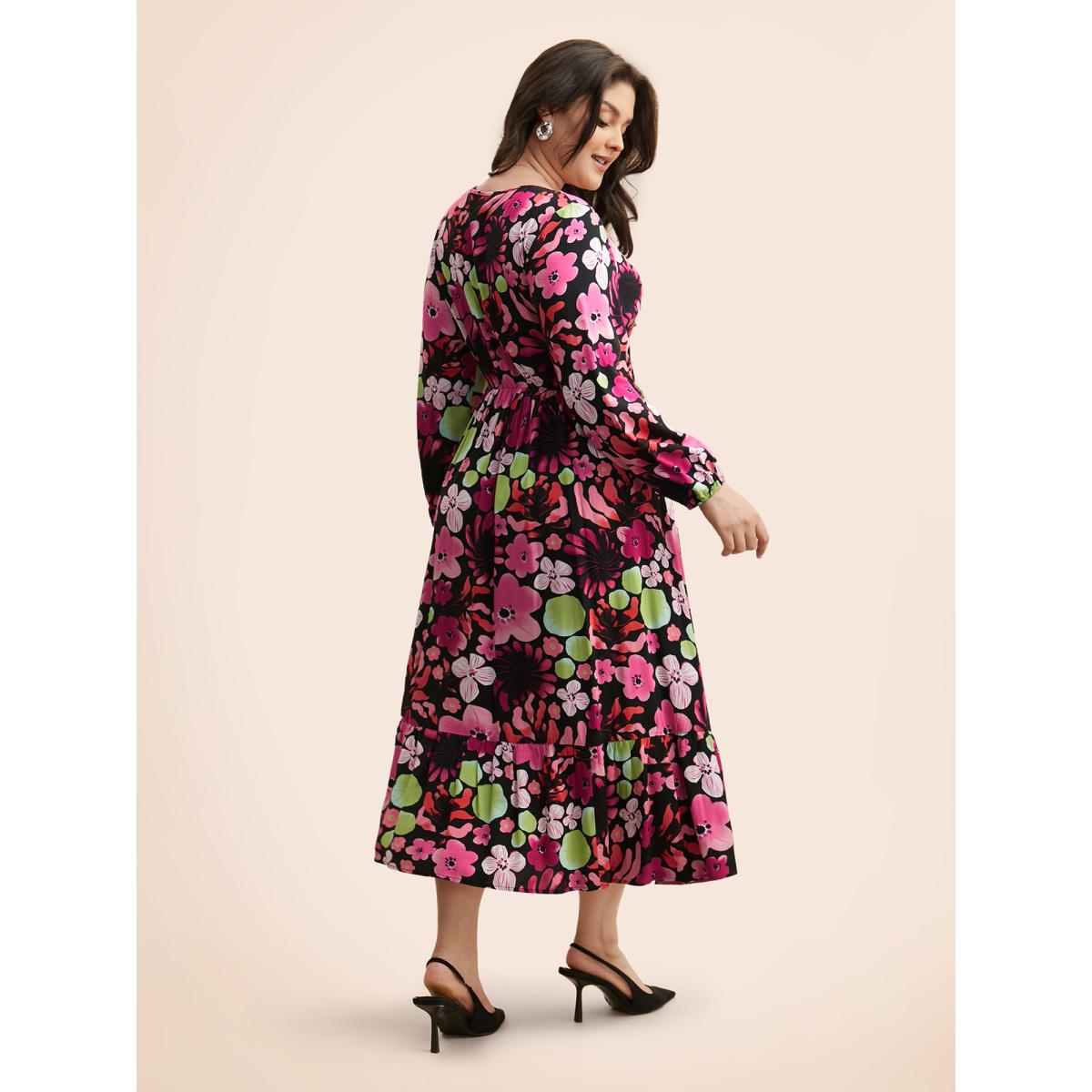 Plus Size Floral V Neck Lantern Sleeve Dress Black Women Elegant Non V-neck Long Sleeve Curvy BloomChic 14-16/1X Product Image