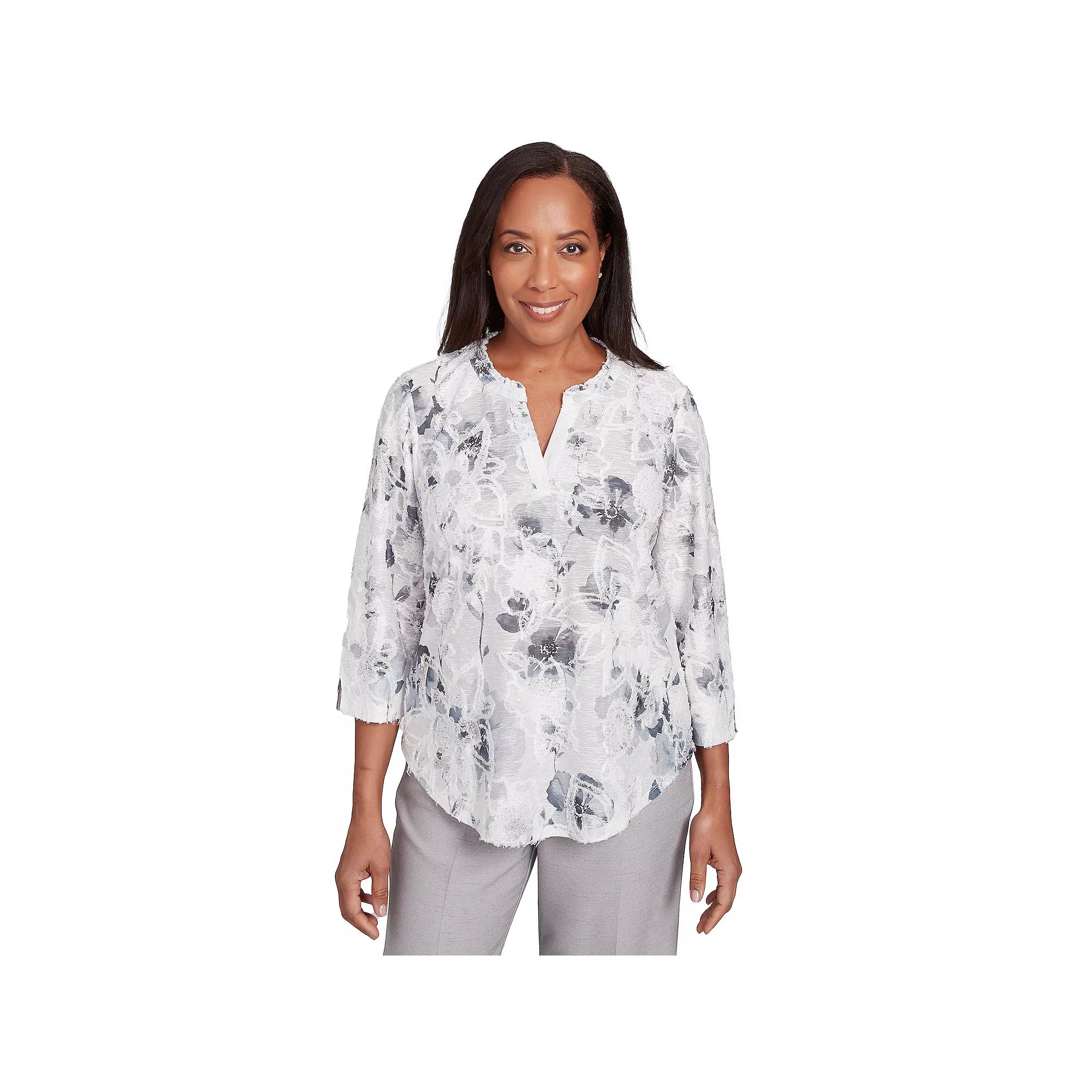 Women's Alfred Dunner Monotone Floral Jacquard Top, Size: Large, Dove Gray Product Image