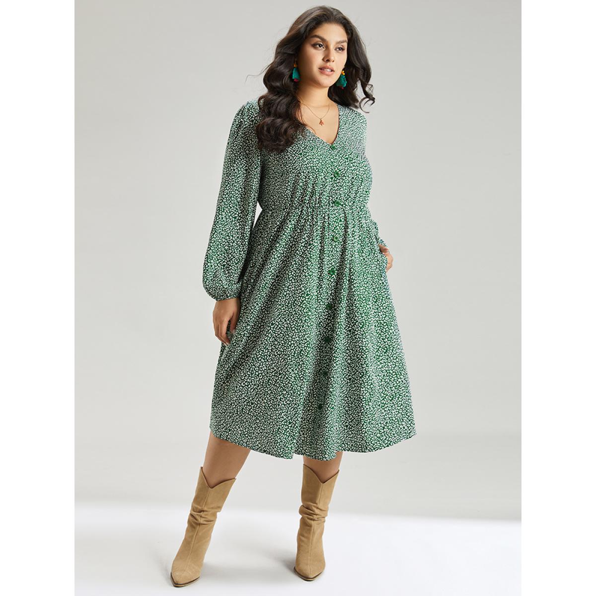 Plus Size Leopard Print Elastic Cuffs Button Detail Dress Green Women Elegant Elastic cuffs V-neck Long Sleeve Curvy Midi Dress BloomChic 18-20/2X Product Image