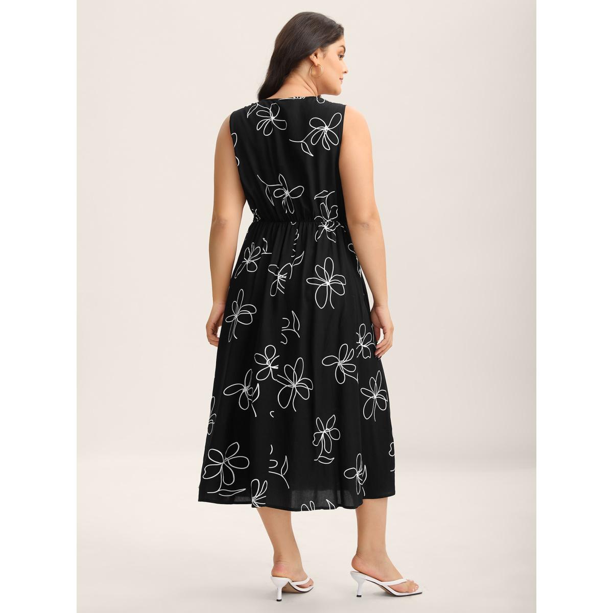 Plus Size Rayon Floral Stretchy Waist Midi Dress BlackFlower Women Timeless Heart neckline Sleeveless Curvy BloomChic 26/4X Product Image