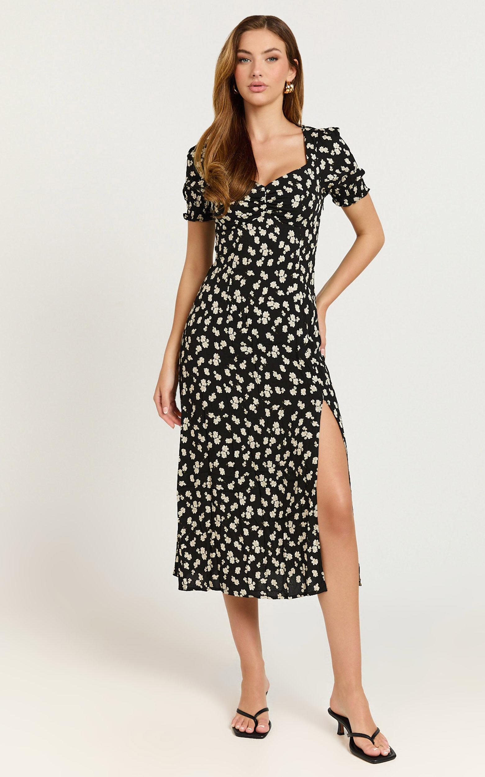 Marcel Midi Dress - Sweetheart Puff Sleeve Thigh Split Dress in Black Wildflower Product Image