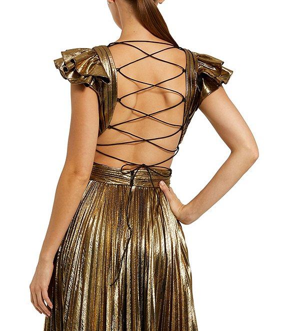 Mac Duggal Ruffle Sleeve Lace Back Pleated Metallic Aline Gown Product Image