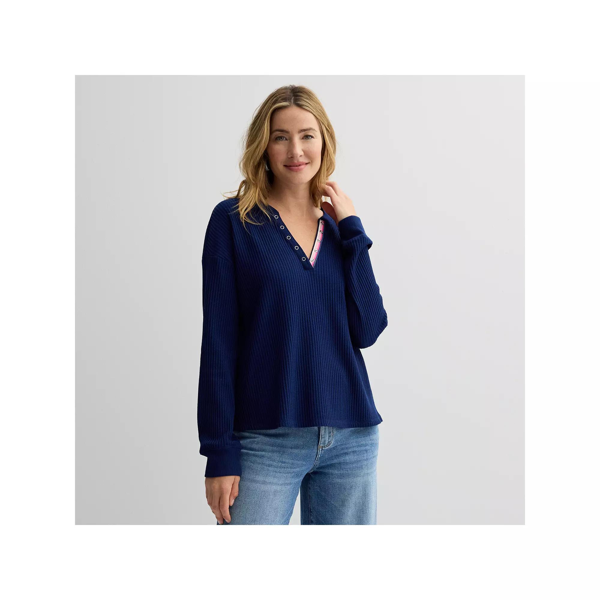 Women's Sonoma Goods For Life® Relaxed Waffle Henley Top, Size: XL, Blue Beauty Product Image
