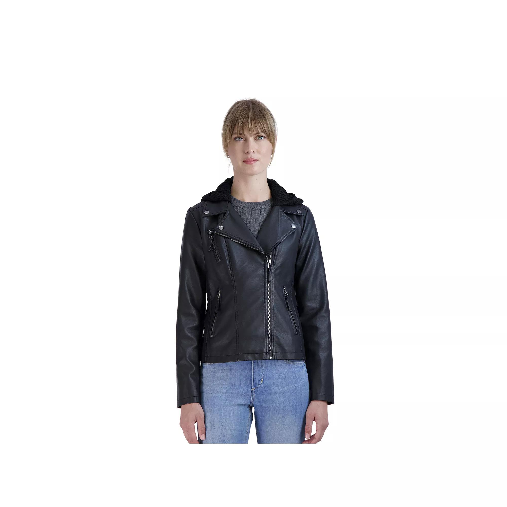Women's Sebby Collection Hooded Faux-Leather Moto Jacket, Size: Large, Brown Product Image