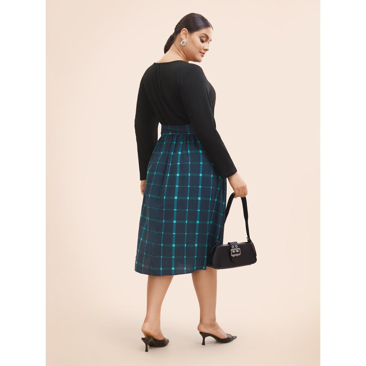Plus Size Plaid Patchwork Belted Midi Dress Navy Women At the Office Belted Round Neck Long Sleeve Curvy BloomChic 10/M Product Image