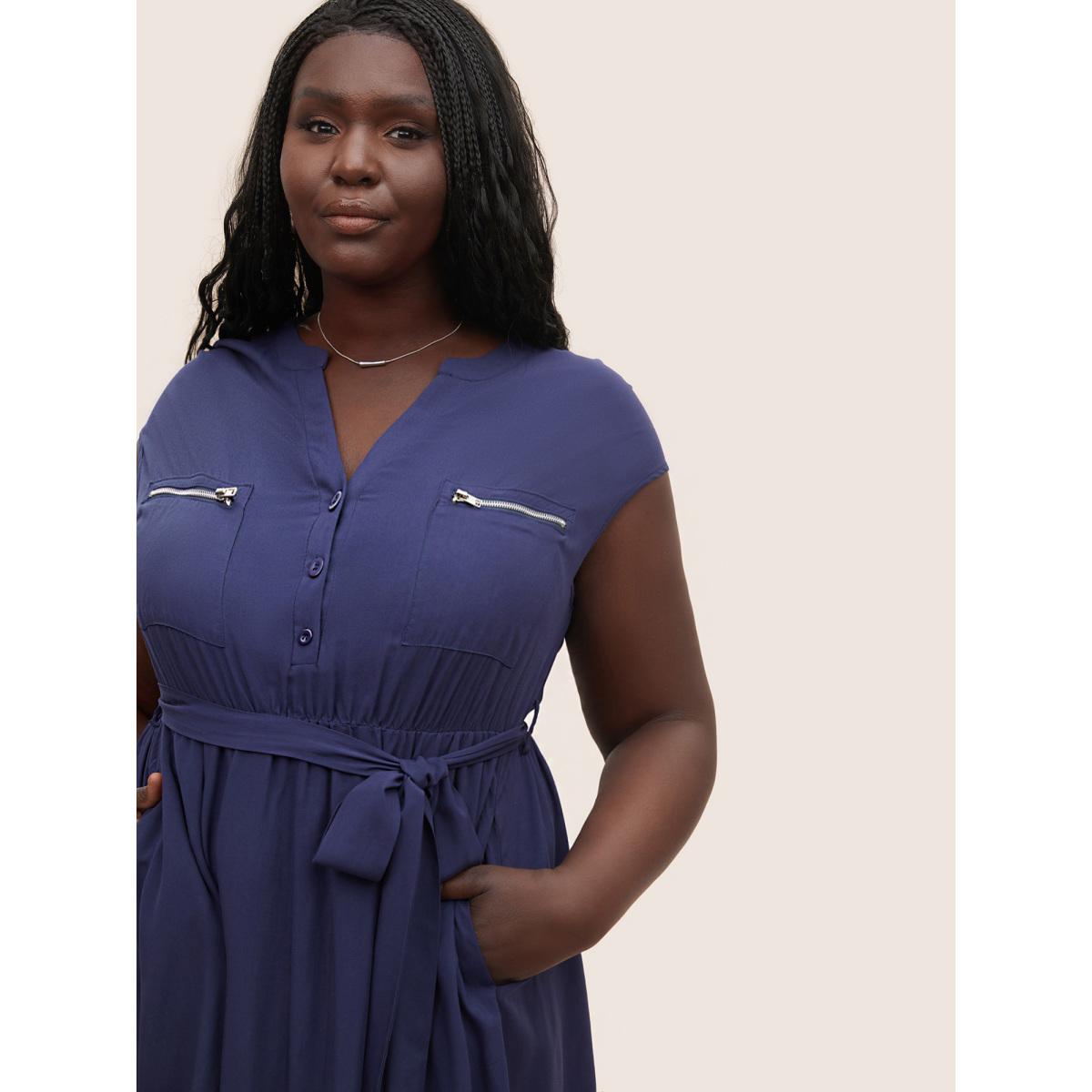 Plus Size Supersoft Essentials Solid Belted Zipper Dress Navy Women At the Office Non Notched collar Sleeveless Curvy Midi Dress BloomChic 30/6X Product Image