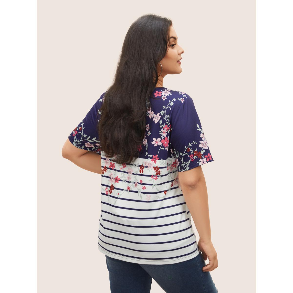 Plus Size Striped Contrast Boho Print Crew Neck T-shirt Indigo Women Casual Round Neck Everyday T-shirts BloomChic 18-20/2X Product Image