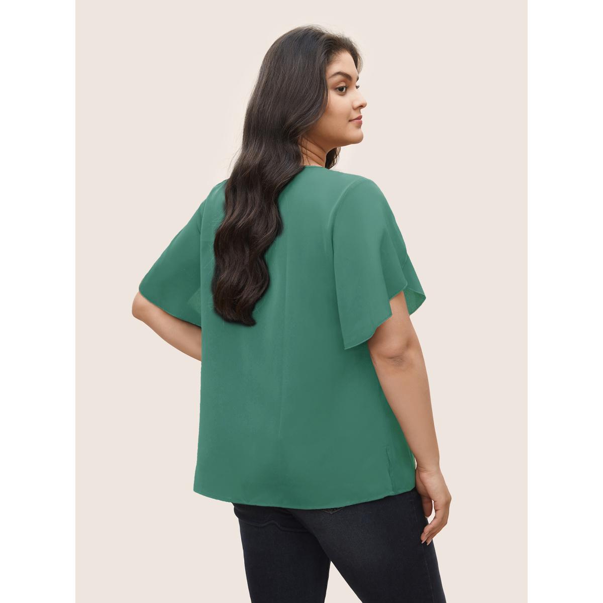 Plus Size Teal Solid Keyhole Petal Sleeve Pleated Blouse Women Work From Home Short sleeve Notched collar Office Blouses BloomChic 18-20/2X Product Image
