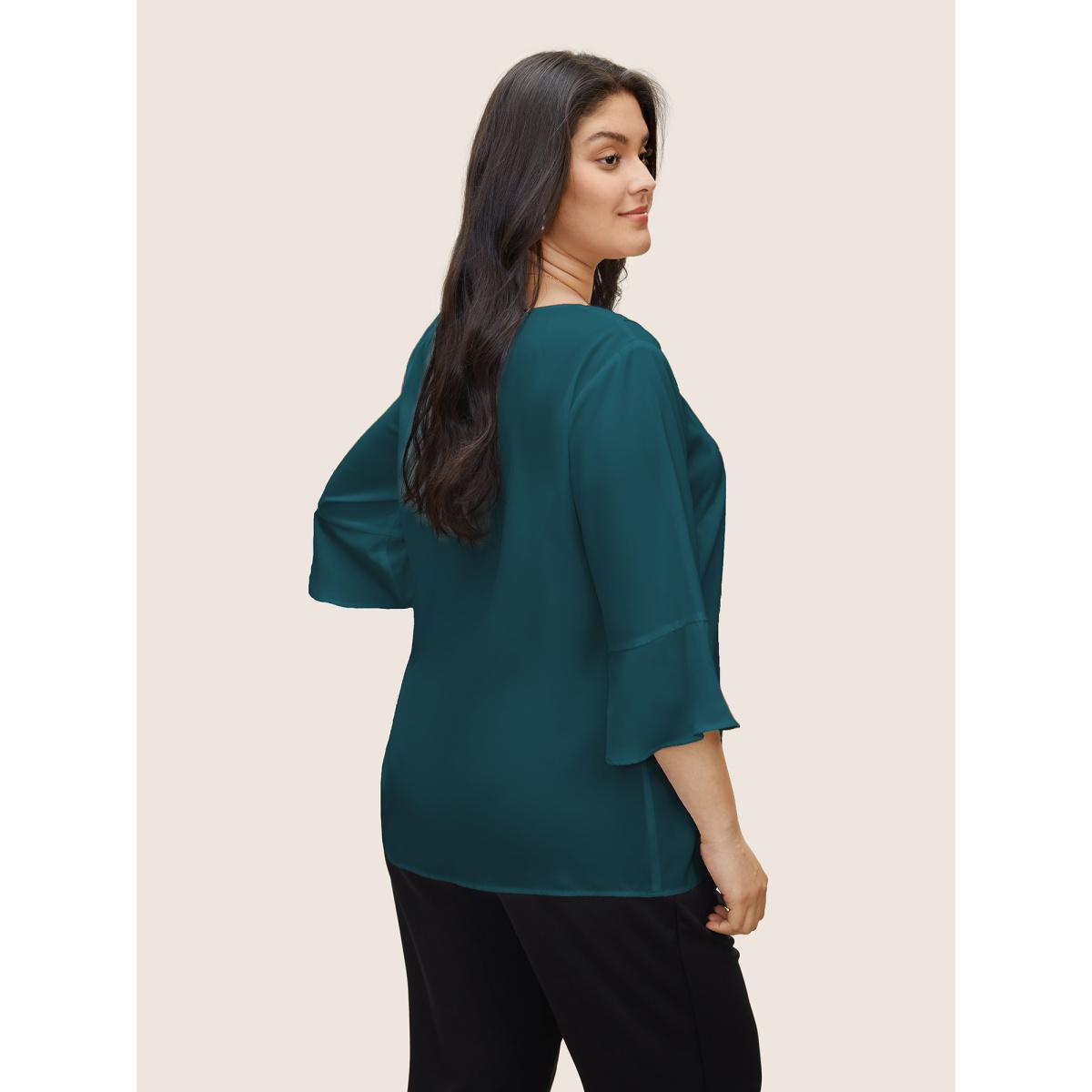 Plus Size Cyan V Neck Plain Ruffles Pleated Blouse Women Work From Home Elbow-length sleeve V-neck Work Blouses BloomChic 28/5X Product Image