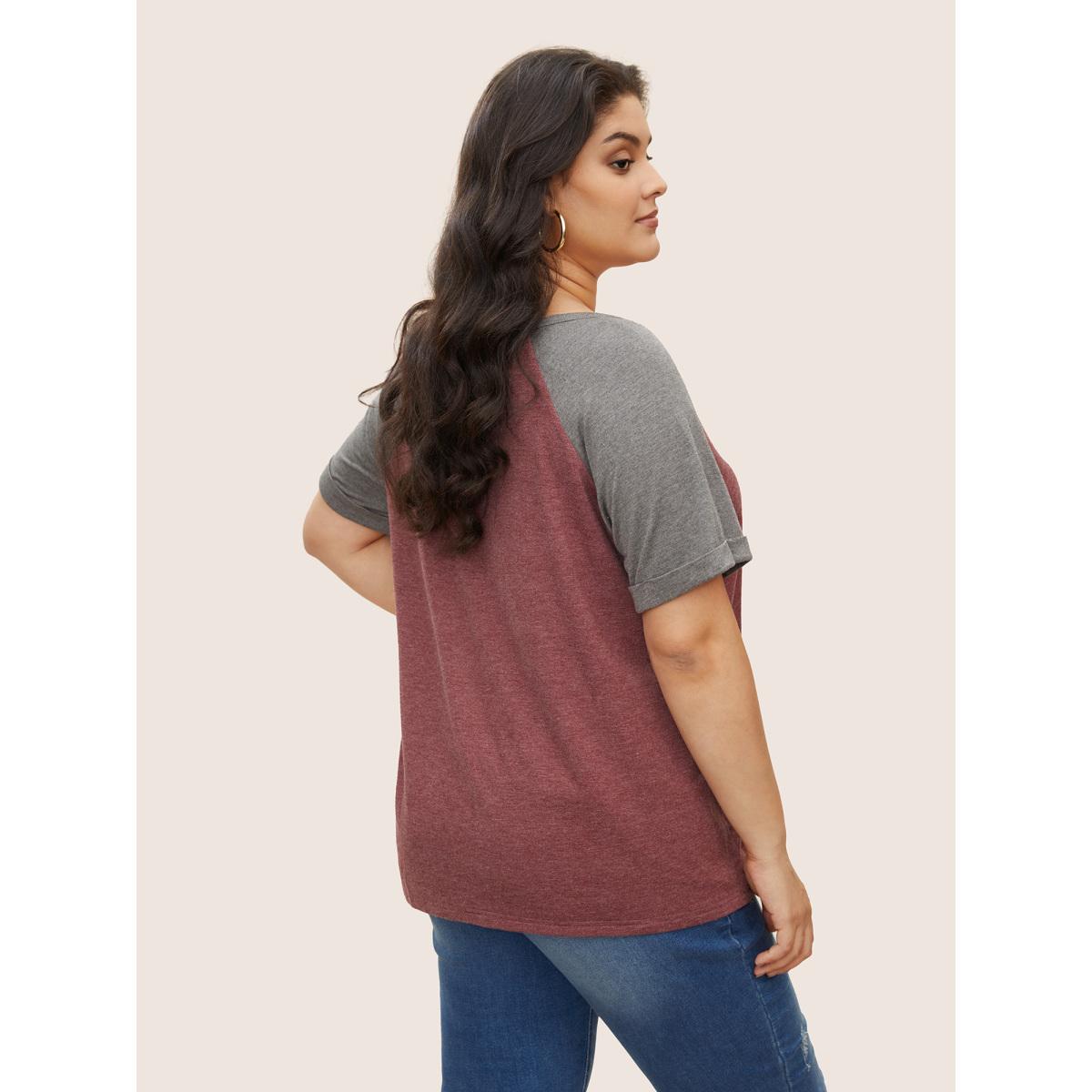 Plus Size Colorblock Contrast Roll Raglan Sleeve Button Detail Notched T-shirt Russet Women Casual Contrast Colorblock Round Neck Everyday T-shirts BloomChic 14-16/1X Product Image