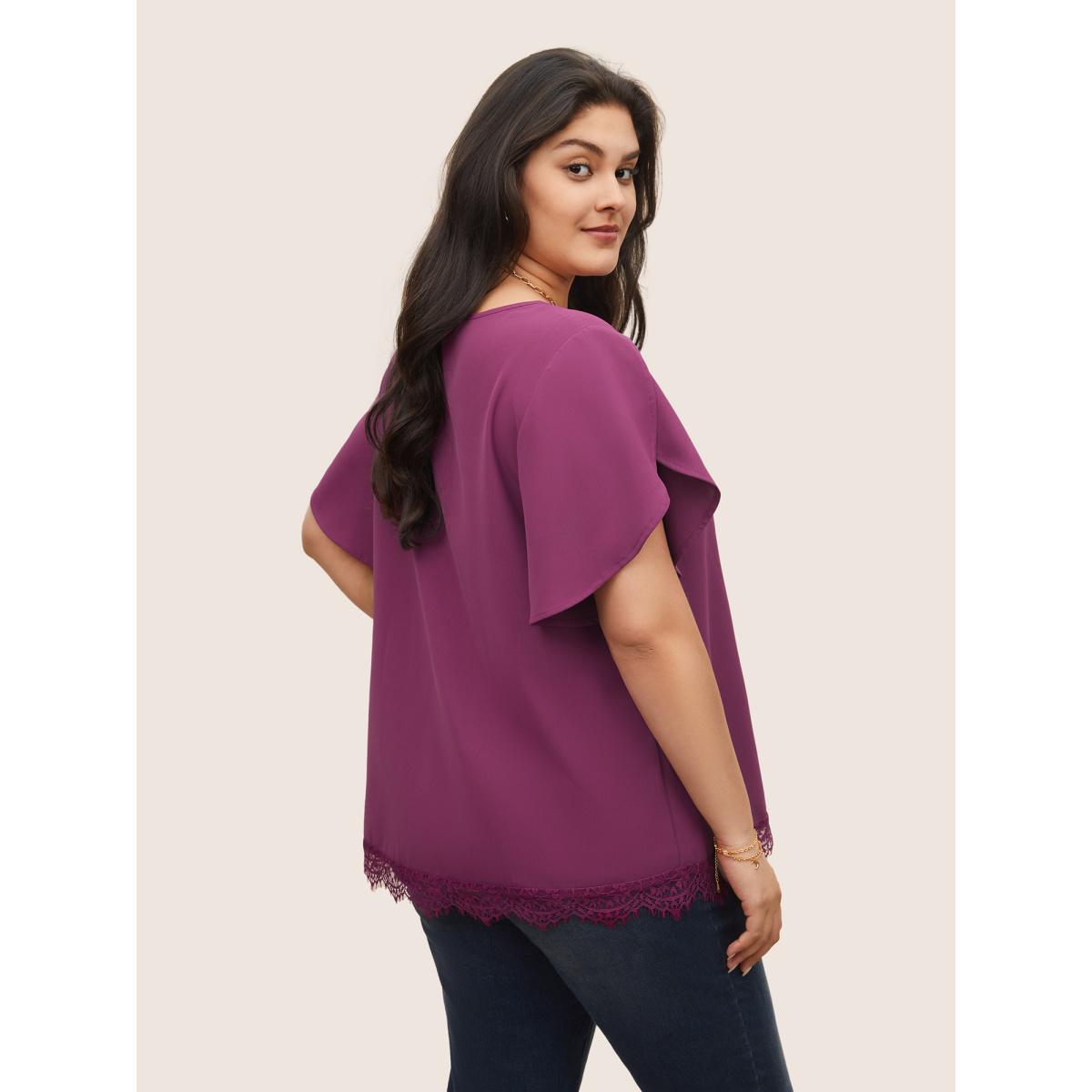 Plus Size Purple Plain Lace Insert Petal Sleeve Blouse Women Elegant Short sleeve Round Neck Everyday Blouses BloomChic 18-20/2X Product Image