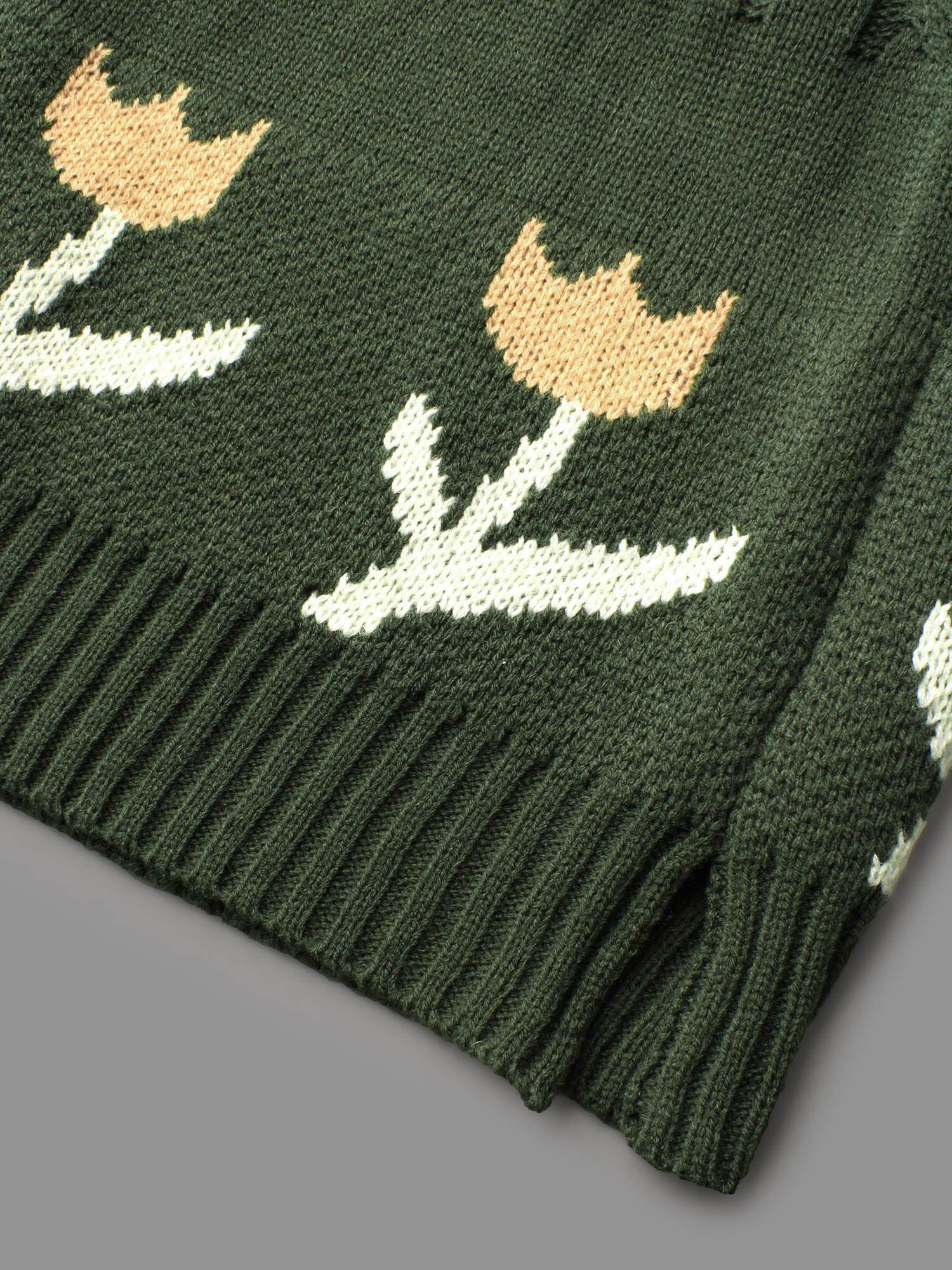 Cable Knit Floral Ribbed Hem Pullover Female Product Image