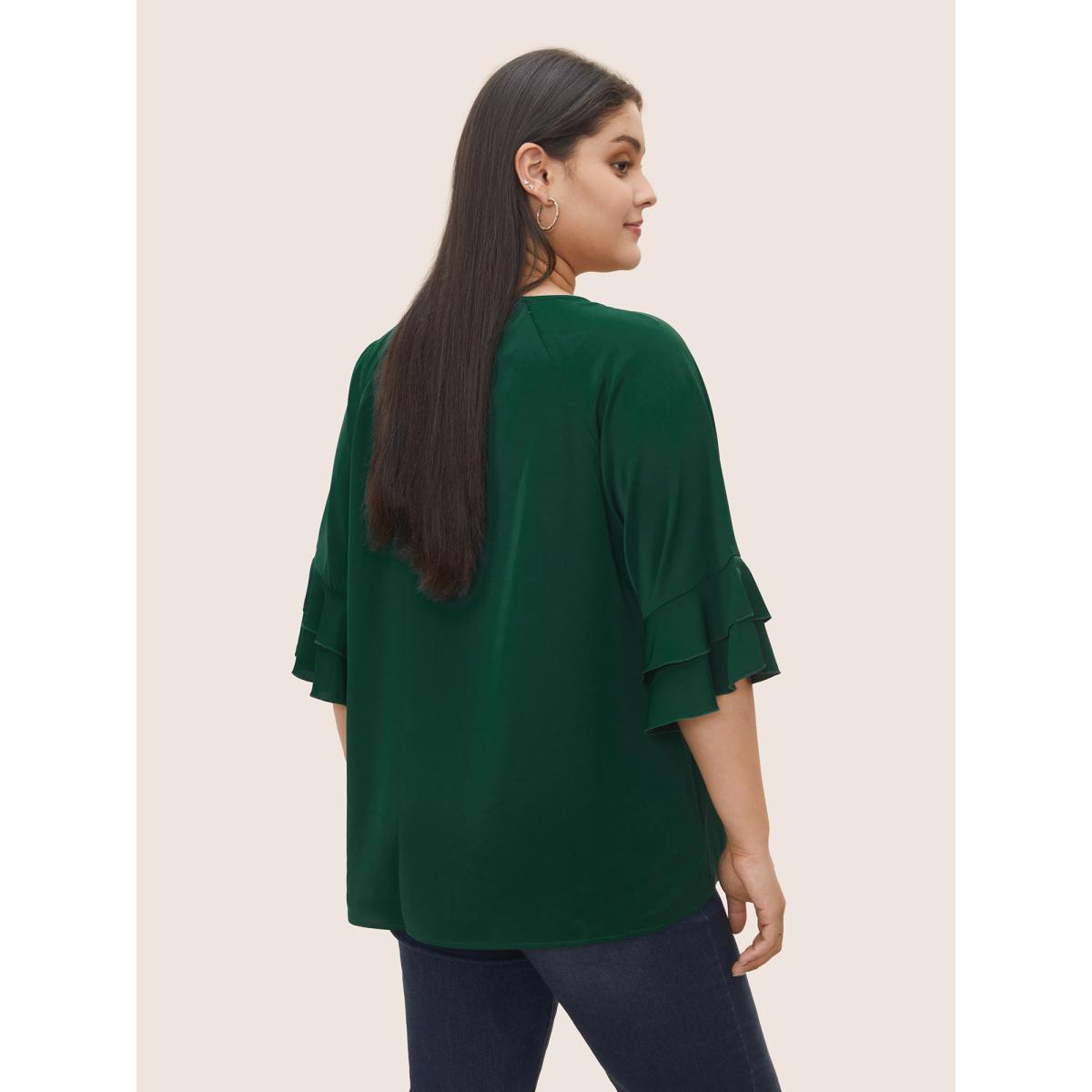 Plus Size DarkGreen Plain Ruffle Tiered Round Neck Blouse Women Work From Home Elbow-length sleeve Round Neck Work Blouses BloomChic 14-16/1X Product Image